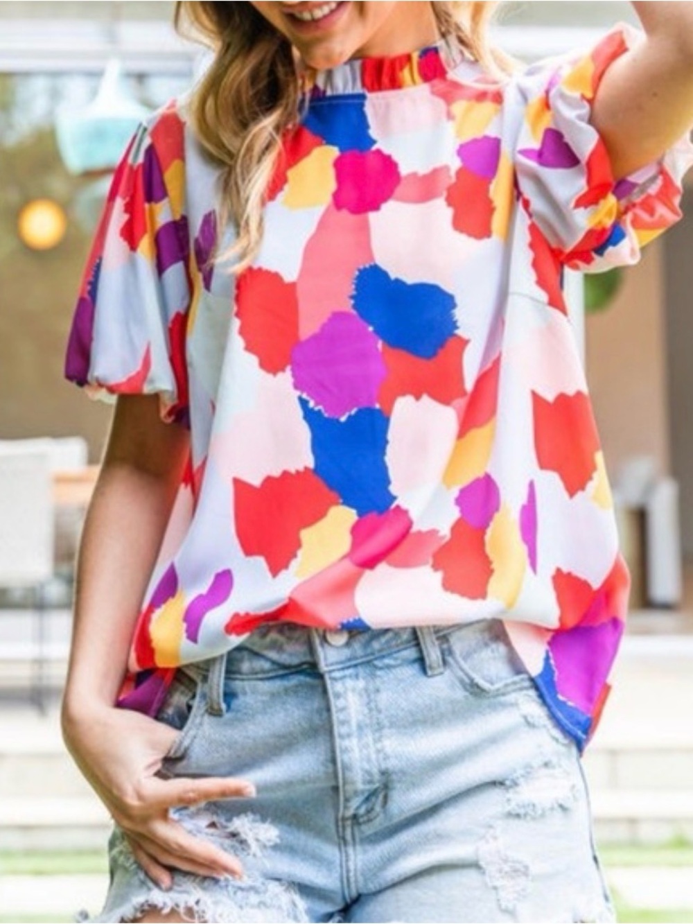 🎀JODIFL Multicolor Abstract Puff Sleeve Blouse - Red, Navy, Yellow, Purple, Pink